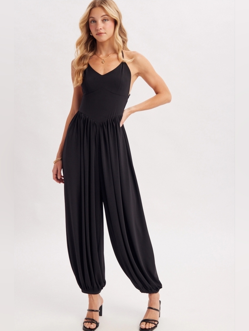 Bluivy Black Spaghetti-Strap Harem Jumpsuit